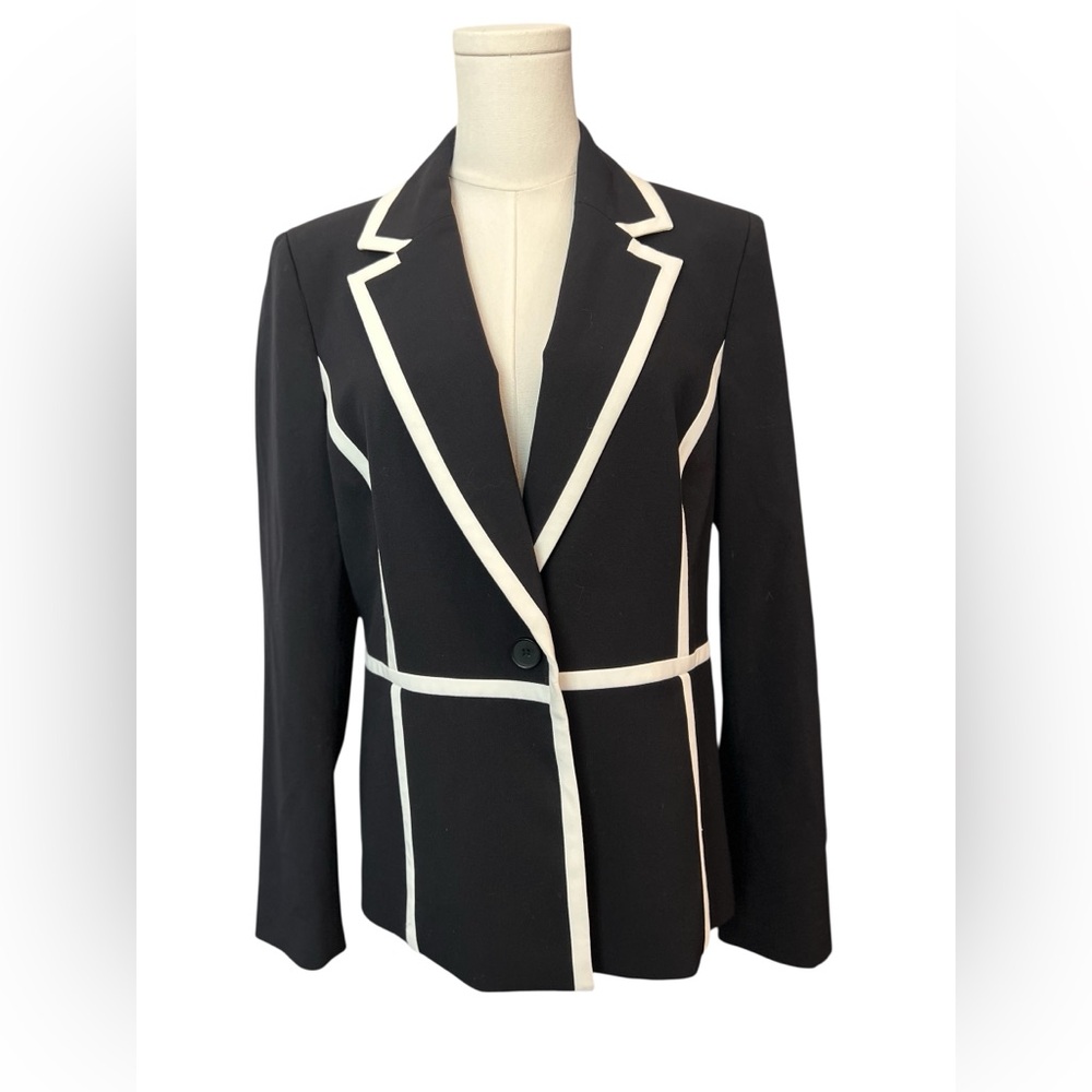 🆕 🔵 NWOT NINE WEST Black Long Sleeve Blazer with White Trim | Women’s Sz 10